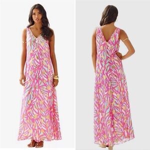 Lilly Pulitzer Mallory Beaded Silk Maxi Capri Pink Papaya Playa